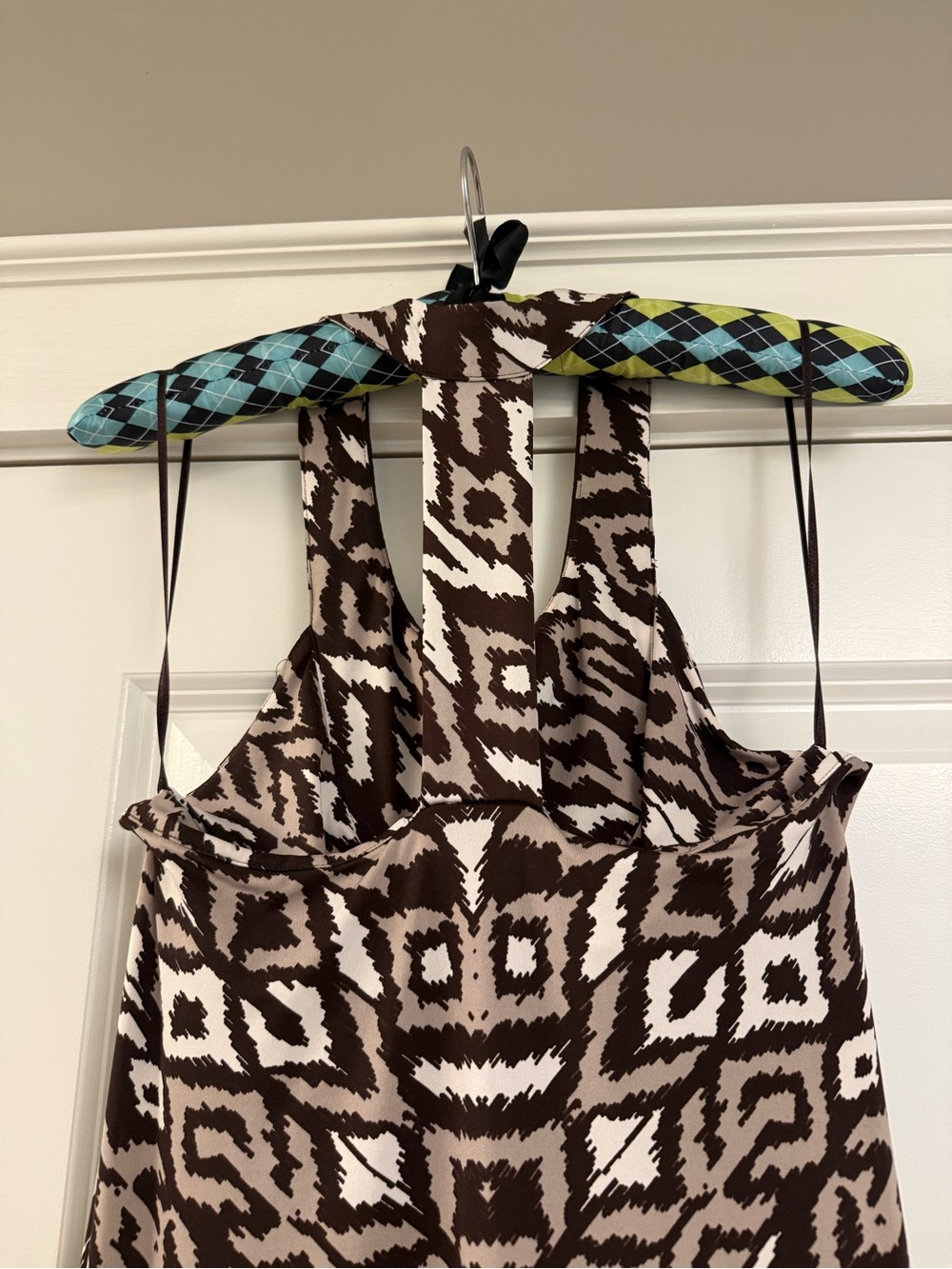 Sleeveless Brown & Cream Printed Racerback Dress with Embellished Neckline - Picture 4 of 8